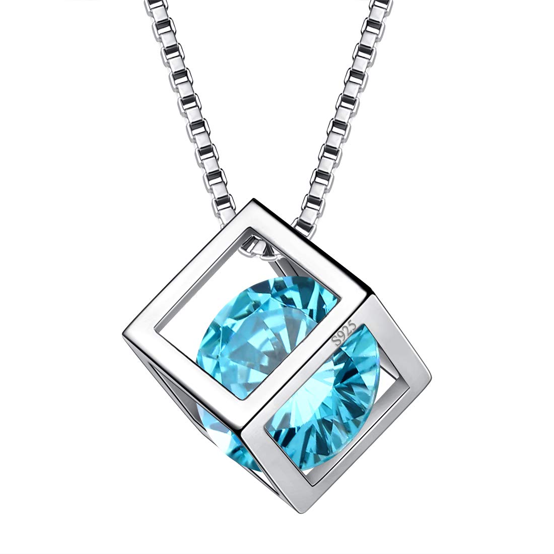 Aurora Tears March Birthstone Necklace 925 Sterling Silver Blue Aquamarine Square Birth Stone Pendant Jewellery Gifts for Women and Girls DP0028M