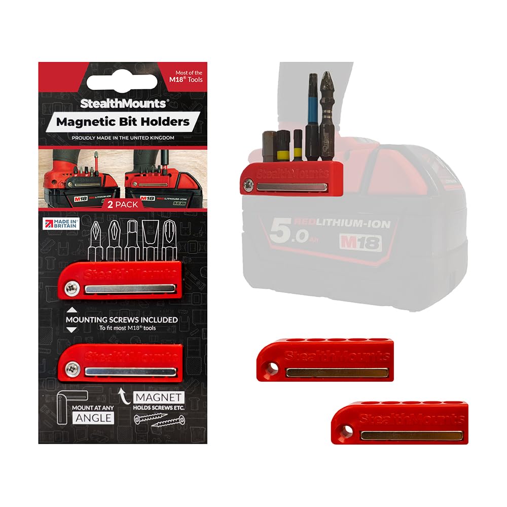 StealthMounts Red Magnetic Bit Holder Compatible with Milwaukee M18 | Drill Bit Organiser | Bit Holder for Drills and Impacts (2 Pack)