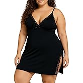 Eirisly Plus Size Lingerie for Women Lace Modal Chemise Nightgown Full Slip Babydoll Sleepwear Sexy High Side Slit Nightgown