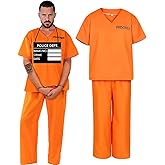 YUIQPKJX Adult Prisoner Jumpsuit Men Women Jail Costume Inmate Outfit with Criminal Accessories Halloween Cosplay Props
