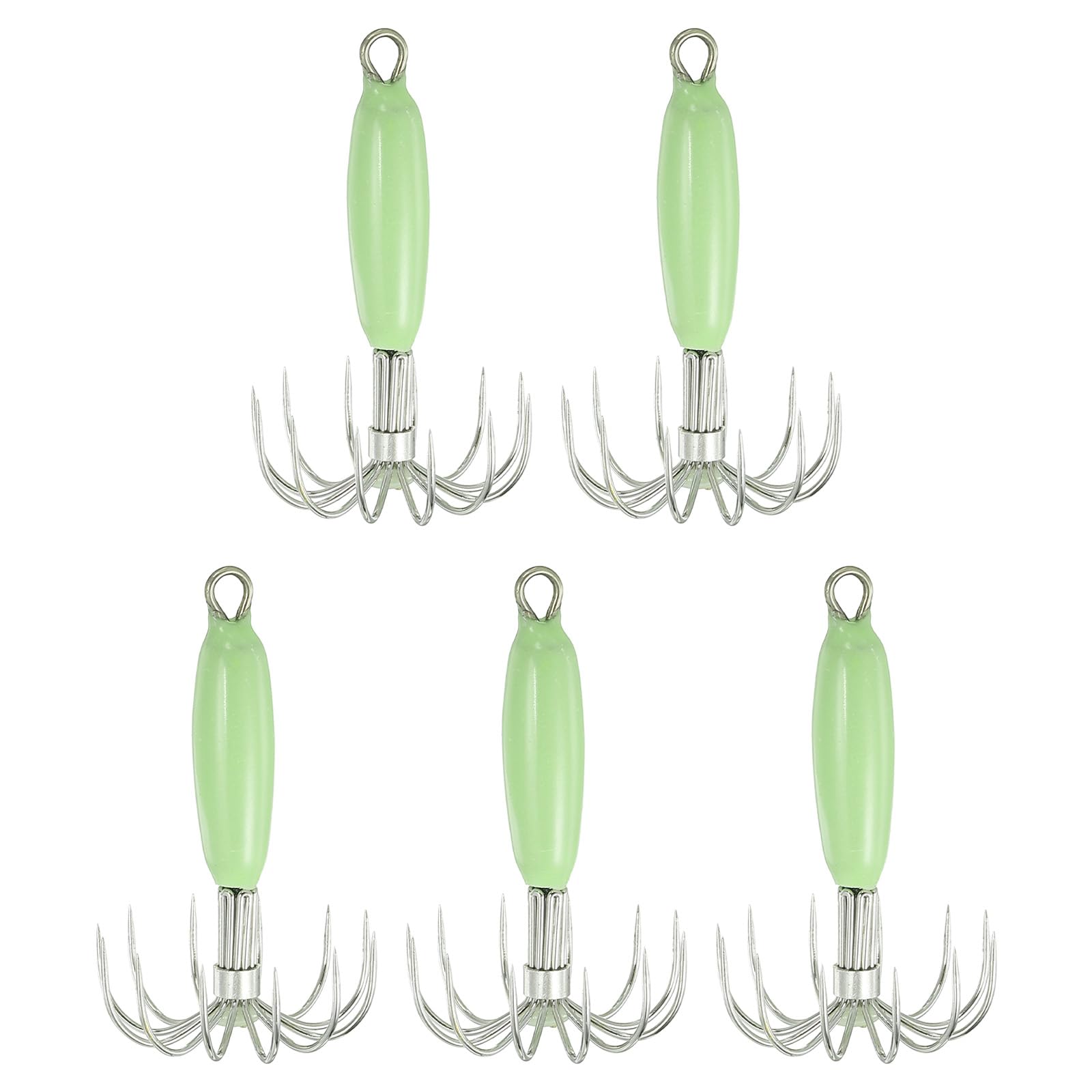 PATIKIL 9g Luminous Squid Jig Hooks, 5 Pcs Cuttlefish Sleeve Saltwater Fishing Lures Bait Jig Glow in Dark with 12 Stainless Steel Needles, Green
