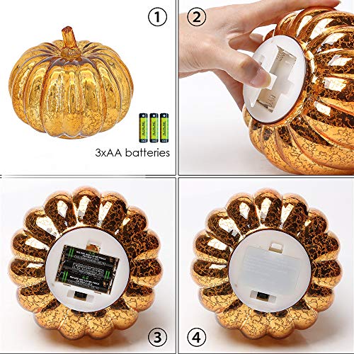 Halloween Pumpkin Lantern Light, Jack o Lantern Decorative Pumpkins Mercury Glass Decor Fall Decorations Led Timer Candles Battery Operated Medium - Thumbnail 3