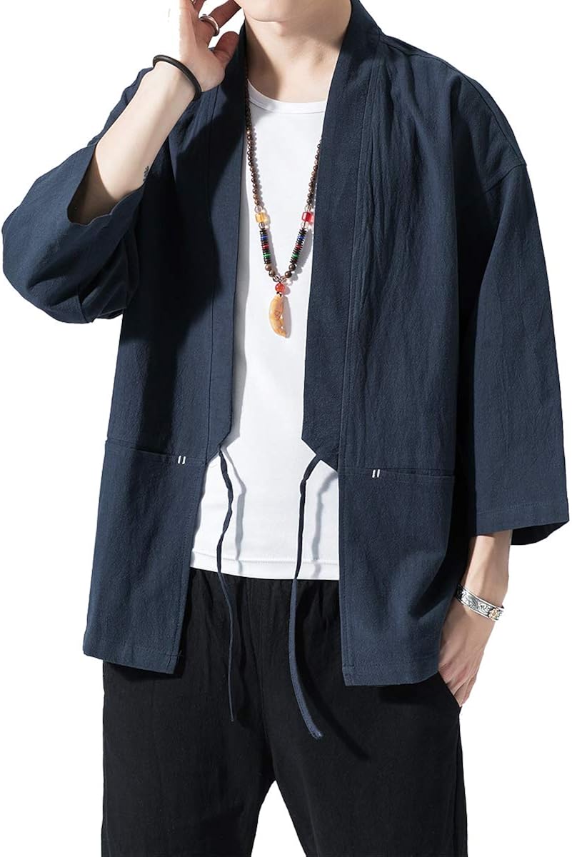 PRIJOUHE Men's Kimono Jackets Cardigan Lightweight Casual Cotton Blends Linen Seven Sleeves Open Front Coat Outwear at  Men’s Clothing store