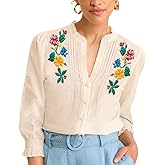 Melliflo Embroidered Tops for Women 3/4 Sleeve Peasant Blouse V Neck Button Down Shirts Dressy Casual