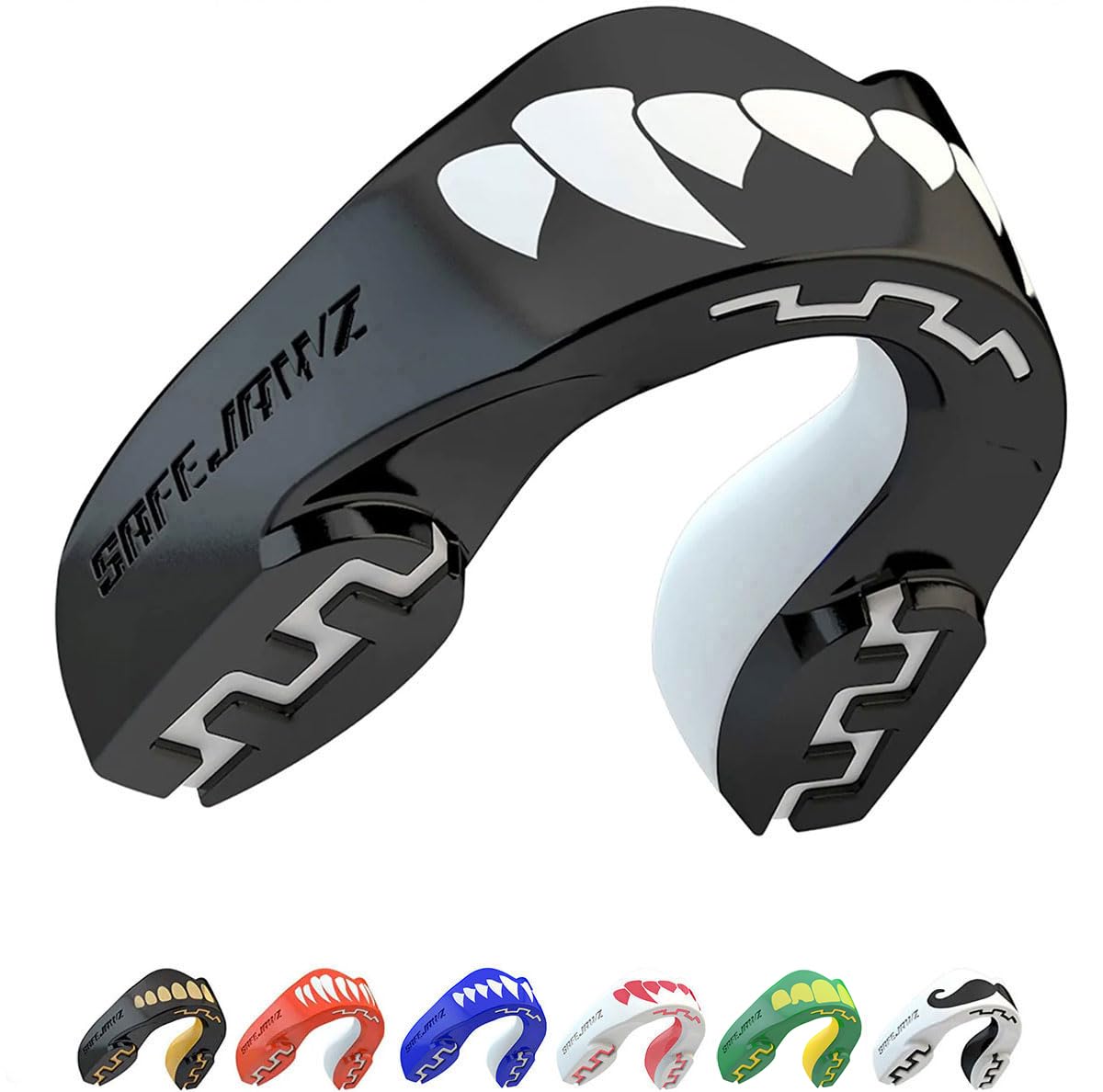 SAFEJAWZ Mouth Guard, Dual Layer Gum Shield for Adults with Case, Easy Fit Remouldable Gumshield for Rugby, Boxing, MMA, Hockey & All Contact Sports (Adult 12+ Years, Black Fangz)