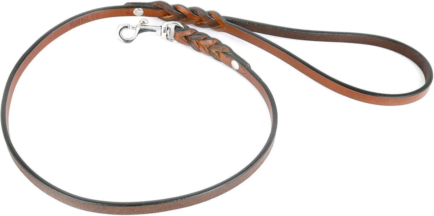 MONKIMAU Short Guide Dog Leash for dogs made of Genuine Leather Braided, brown, 18mm X 100cm