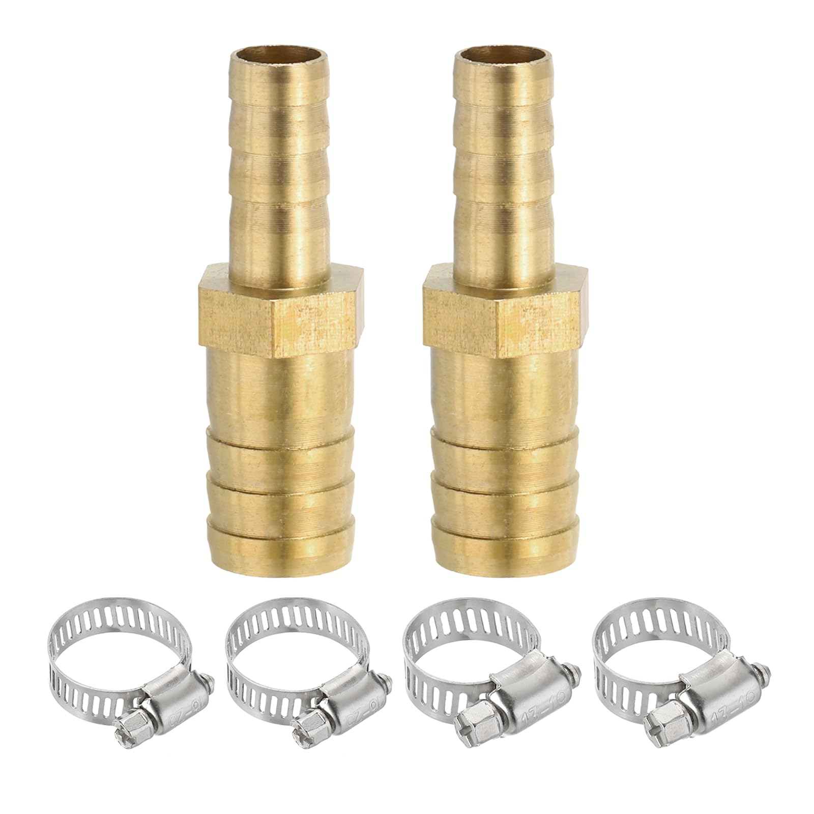 PATIKIL 5/16" to 1/2" Brass Hose Barb Reducer, 2Pcs Barbed Hose Fittings with 4 Stainless Steel Clamps Reducing Splicer Mender Union Adapter for Air Water Fuel