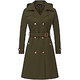 CREATMO US Women's Long Trench Coat Double-Breasted Classic Lapel Overcoat Belted Slim Outerwear Coat with Detachable Hood