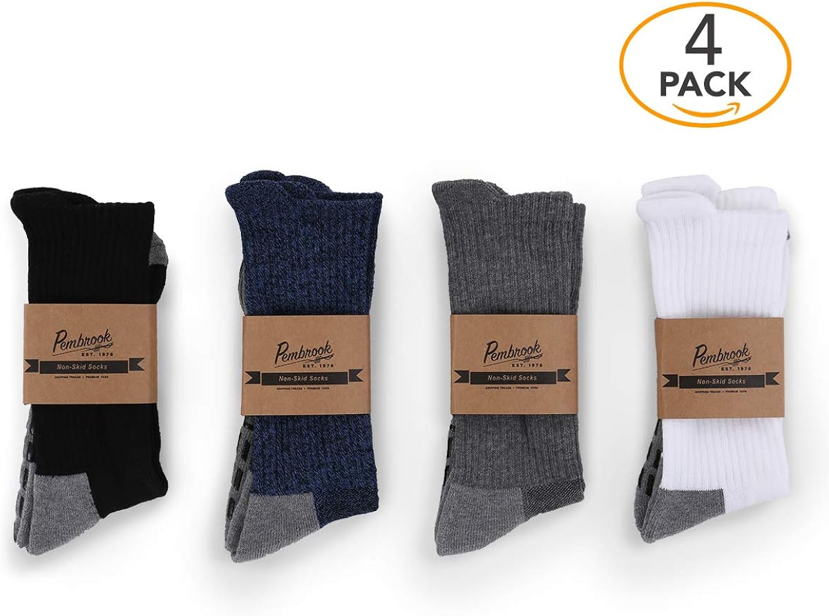 Non Skid Crew Socks - (4 Pairs) - Anti Slip Socks for Barre Yoga Pilates Maternity Pregnancy Hospital Adults Men Women: Clothing