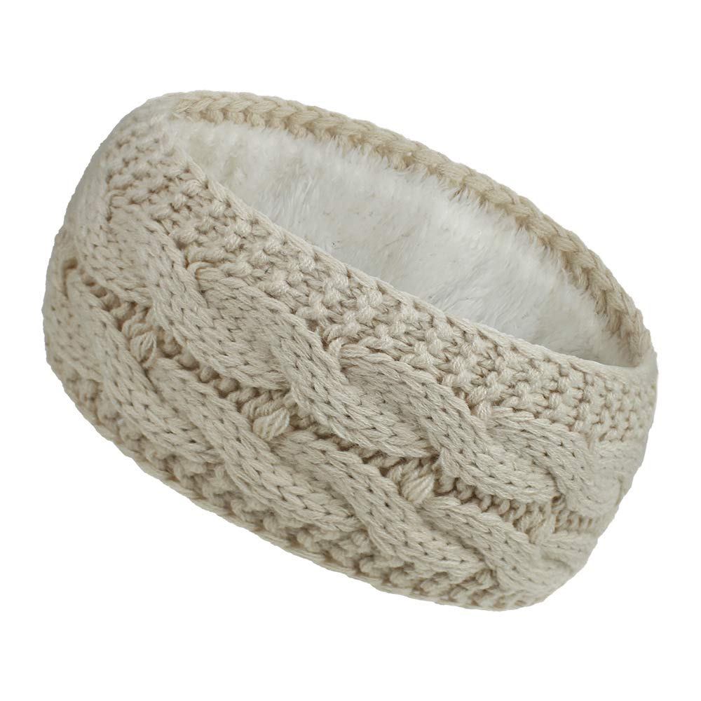 Women Ear Warmer Headband Fleece Lined Winter Warm Knitted Thick Hairband Thermal Headbands Elastic Hair Wrap (Beige)