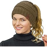 Rosoz 1&2 Packs Ponytail Beanie for Women,Winter Warm Beanie Tail Soft Stretch Cable Knit Messy High Bun Hat