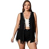 OYOANGLE Women's Plus Size Western Wear Cowgirl Outfits Fringe Trim Open Front Sleeveless Faux Suede Vest Jacket