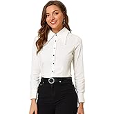 Allegra K Point Collar Button Down Shirt for Women's Work Office Big Collared Long Sleeve Top