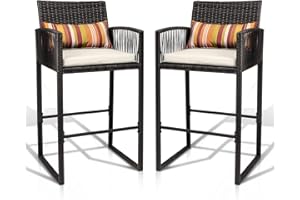 Sundale Outdoor Wicker Bar Stools, Patio Counter Height Charcoal Rattan Rope Stools with Back Rest, High Chair with Pillow & Beige Cushion, All-Weather Armless Tall Pub Barstool