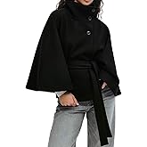 CHARTOU Women Batwing Sleeve Ponchos Pea Coat Wool Stand Collar Belt Capes Jacket Winter Cropped Overcoat