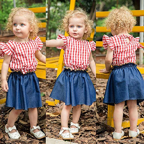 2Pcs Toddler Baby Girls Plaid Striped Bowknot Shirt Top+Ruffles Denim Skirt Summer Dress Set (Red, 1-2Years)