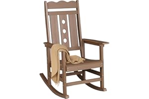 HPWLYO All-Weather Outdoor Rocking Chair, Oversized Porch Rocker Chair with 400 lbs Weight Capacity, High Back and Armrest, for Outdoor and Indoor, Garden, Backyard, Fire Pit, Lawn, Brown