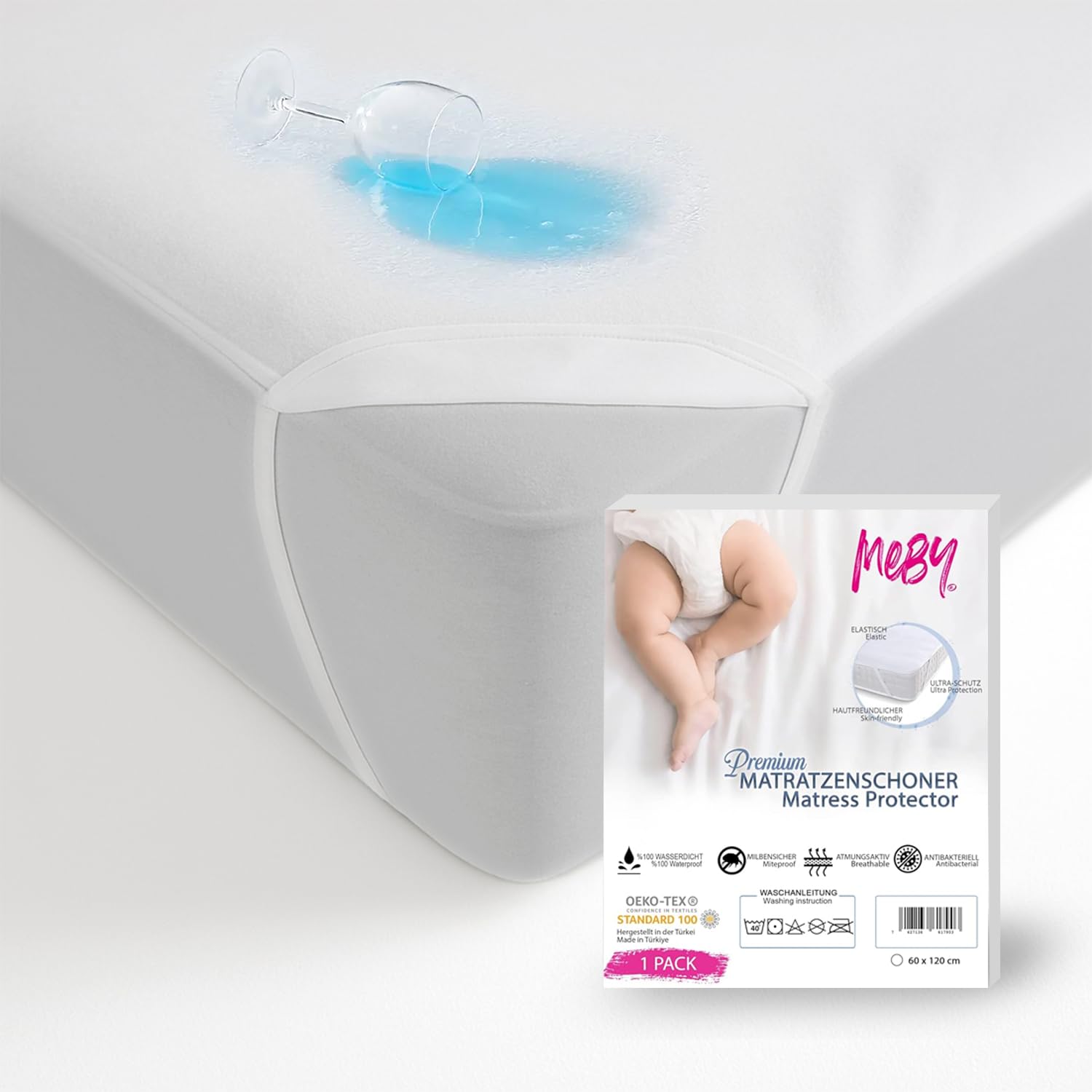 MEBY 60 x 120 cm Waterproof Mattress Protector for Baby. Breathable Cotton Mattress Protector, Waterproof, Moisture Protection, Elastic, Crinkle-Free Incontinence Pad, White