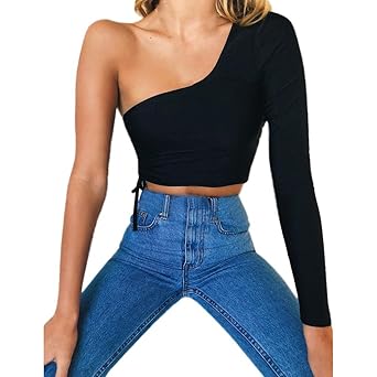 Goosuny One-Shoulder Oberteil Langarm Bandeau Tops Sexy Slim Fit Bluse Pullover Frauen Tunika Blusentop Oberteil Sommer Kurze