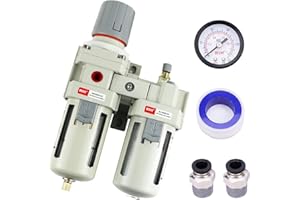RIH Pneumatics 1/2" NPT Compressed Air Filter Regulator Lubricator Combo Water/Oil Trap Separator - Gauge(0-150 psi), Semi-Auto Drain, Poly Bowl,Bracket - 3 in 1 Two Unit (1/2" NPT)