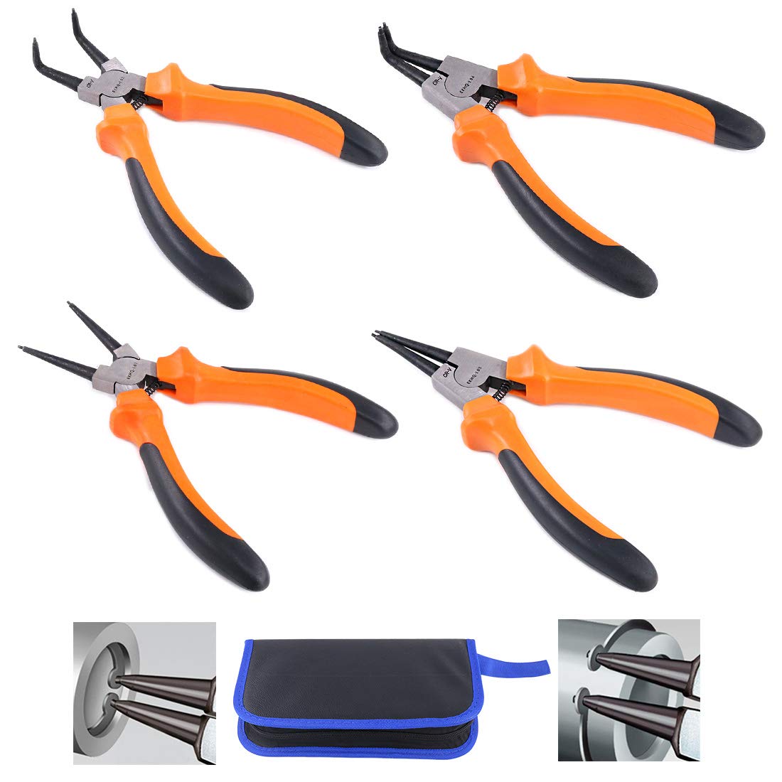 Glarks 4pcs 7-Inch Snap Ring Pliers Set Heavy Duty Internal/External Circlip Pliers Kit with Straight/Bent Jaw for Ring Remover Retaining, with Leather Bag