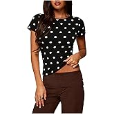 Women Y2K Short Sleeve Polka Dot Top Vintage Dot Print Crop T-Shirt Cute Slim Fit Crew Neck Baby Tee Shirt