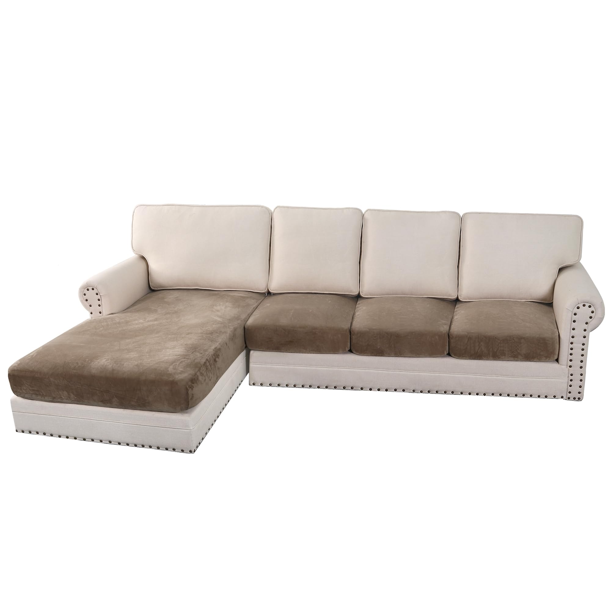 Photo 1 of H.VERSAILTEX Velvet Stretch Sectional Couch Covers 4 Pieces Sofa Seat Cushion Covers L Shape Separate Couch Cover for Both Left/Right Sectional Couch (Large Sofa 3 Seater + 1 Chaise, Mocha)