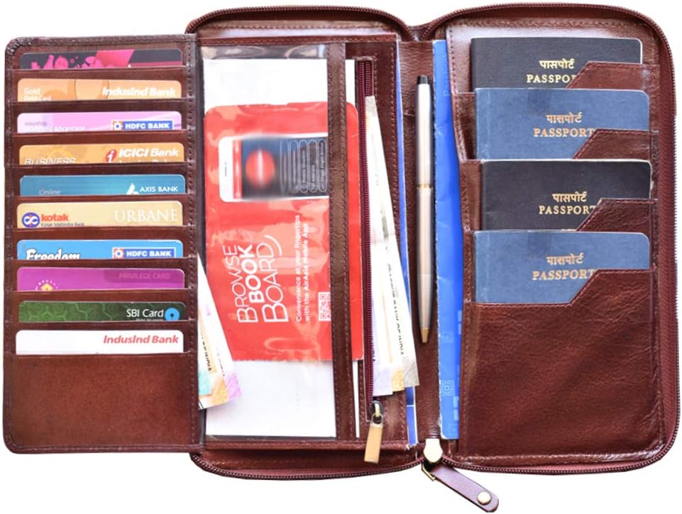 Genuine Leather Brown Unisex Family Passport Holder||Passport Wallet||Travel Wallet||Card Case with Zip Closure
