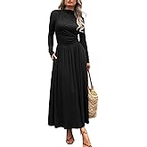 Mieazom Women's Long Sleeve Maxi Dress 2025 Fall Crewneck Knit Plain Empire Waist Casual Slim Pleated Dresses with Pockets