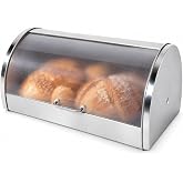 Oggi Stainless Steel Roll Top Bread Box for Kitchen Countertop with Frosted Plexilass Lid - Fits Multiple Loaves of Bread and Other Freshly Baked Goods Including Cookies, Bagels, Muffins