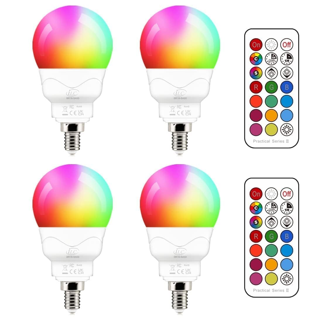 iLC E14 LED Light Bulb, 40W Equivalent, RGB Colour Changing, 5W 5700K Cool White SES Small Edison Screw Golf Ball Candle Bulbs Remote Controls (4 Packs)