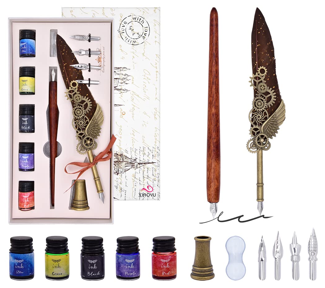 XIAOYU Antique Quill Pen Ink Set, Dip Pen Calligraphy Pen Set, Including Mechanical Quill Pen and Wooden Dip Pen, 5 Bottle Inks, 4 Replacement Nibs, Pen Holder, Suitable for Calligraphy Lovers(Brown)