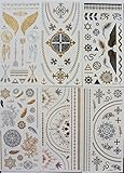 DaLin 6 Sheets Gold Silver and Black Body Temporary Metallic Tattoos Jewelry, Angel Wings, Cross Necklace, Earrins, Snake, Feather, Arrows and more