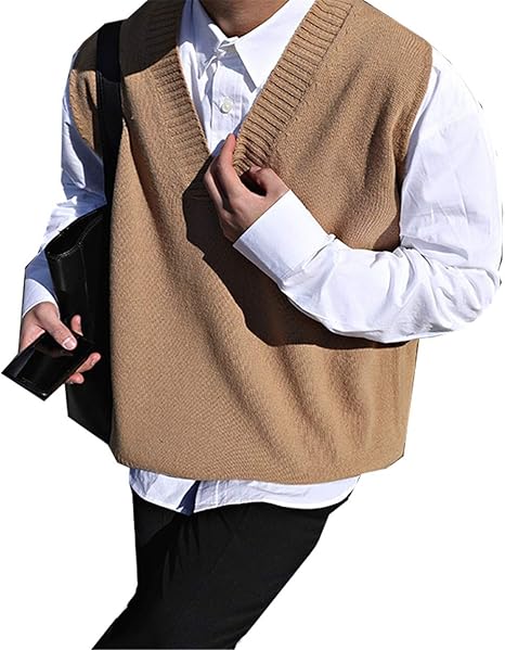 Amazon イダク メンズ Vネックセーター Vネックニット スクールベスト ノースリーブニットセーター レディース メンズ 学生 通学 制服カーキm ベスト 通販