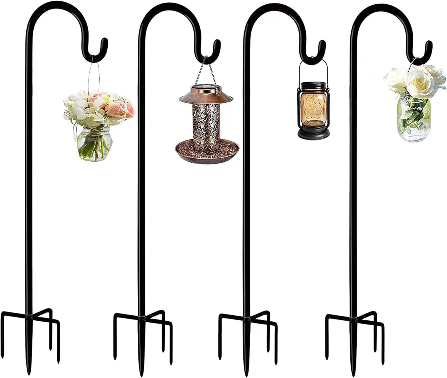Outdoor Shepherd's Hooks - NMM Outdoor Shepherd Hook with 5 Prong Base, 37.8 Inch Tall, Adjustable Heavy Duty Garden Hanging Stand Holder for Hanging Solar Light, Bird Feeders, Lanterns, Mason Jars, and Wedding Decor(4 Pack)