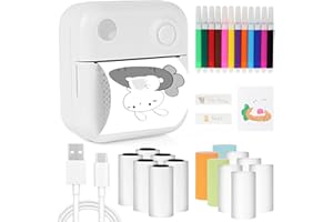 KISSDATE Mini Portable Printer, Bluetooth Sticker Printer Machine, Portable Inkless Printers Compatible with Android and ios, Printable Photos, Lists, Memo, QR Codes, Notes(14 Roll Paper+12 Colored Pens)