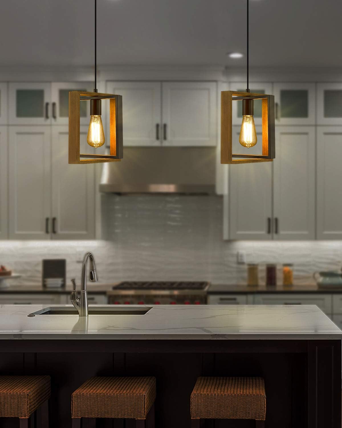 Ken & Ricky Kitchen Island Lighting, Farmhouse Pendant Light, Vintage Ceiling Hanging Light Fixture for Dining Room Kitchen, Metal Black with Solid Wood Frame - - 