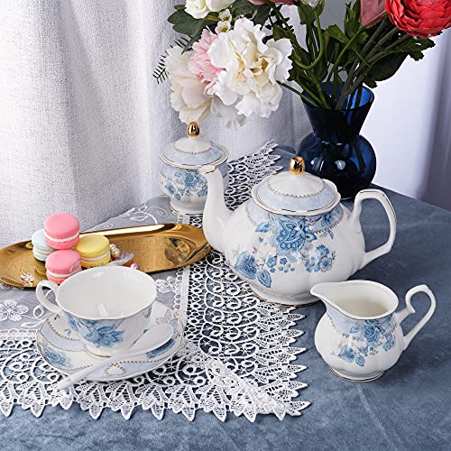 fanquare Set da tè in Porcellana con Fiori Blu, Set Tazza da tè e Piattino, Servizio da tè da Sei, Nozze Teiera… - immagine 4