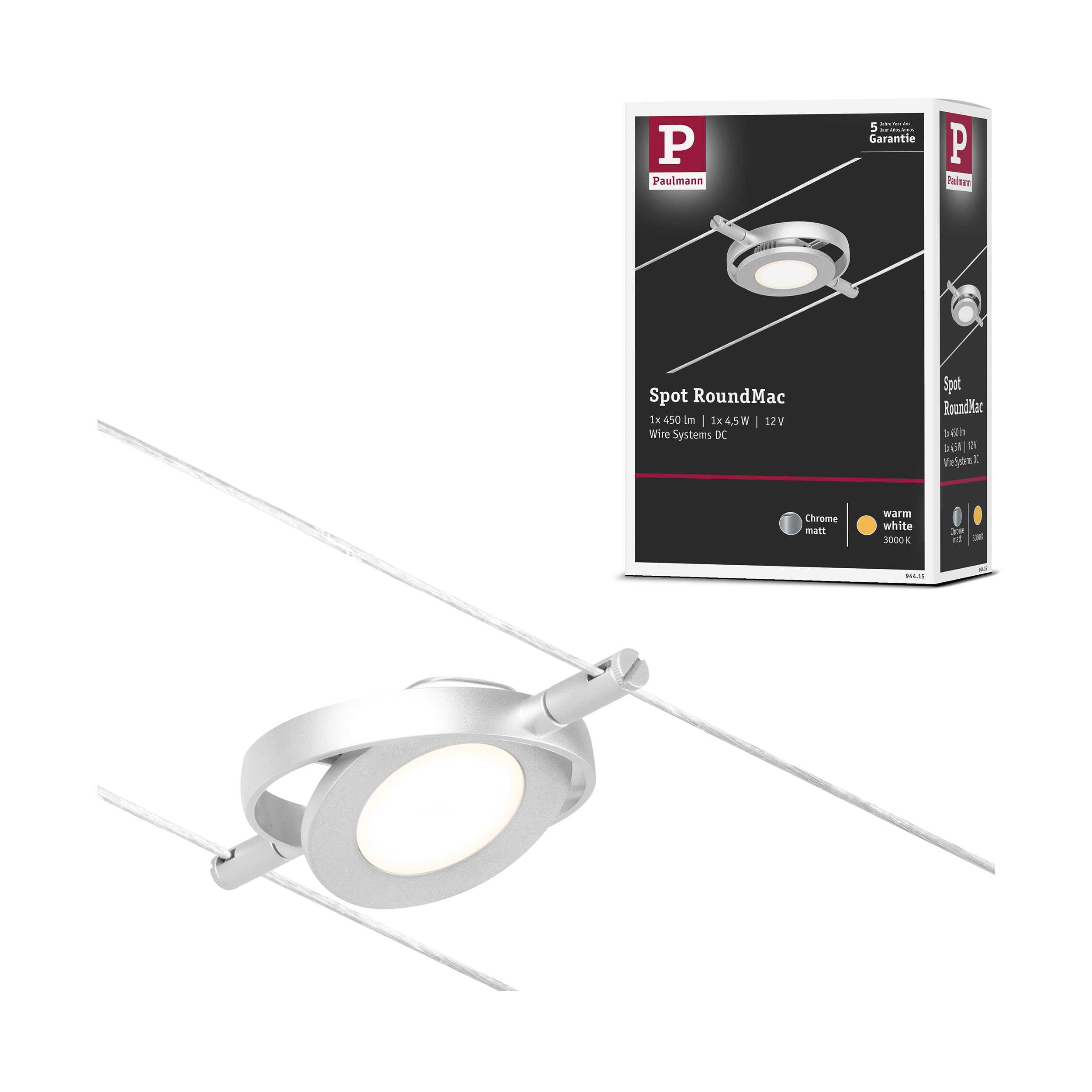 Paulmann 94415 CorDuo LED Cable System Spot RoundMac DC incl. 1 x 4.5 Watt Expandable Chrome Matt Chrome Wire Rope Metal 3000 K — image 1