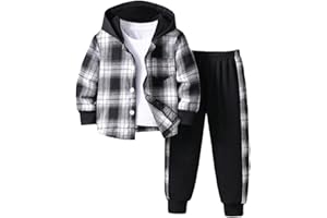 Nivne Tco Toddler Boy Clothes Plaid Hooded Shirt - 2 Piece Outfit: Button Front Toddler Hoodie & Sweatpants Set (3~7 years)