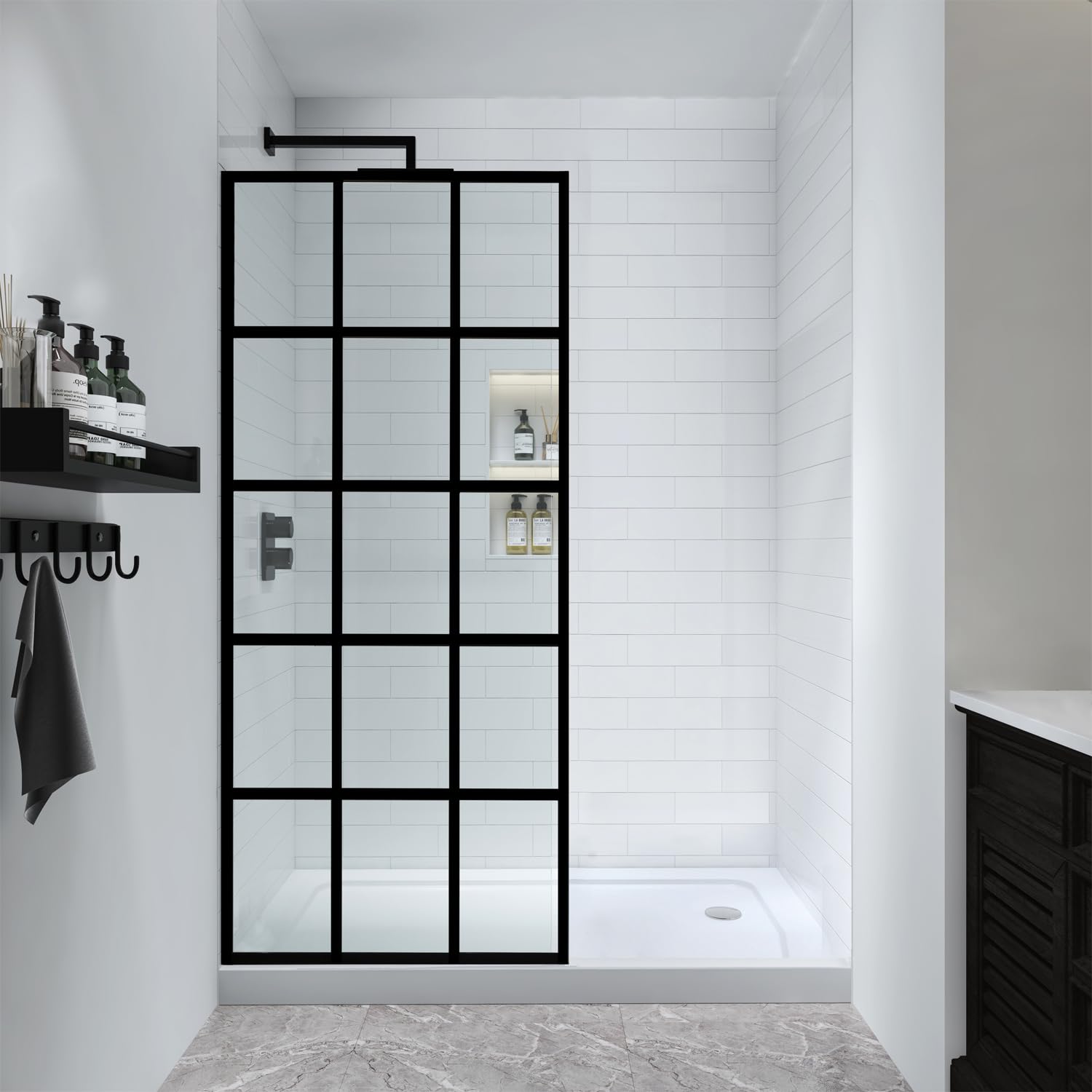 Photo 1 of ** FACTORY SEALED**
30" W x 72" H Grid Pattern Fixed Framed Shower Door Shower Screen Panel in Matte Black Finish with 5/16" (8mm) Clear SGCC Tempered Glass, Reversible Installation