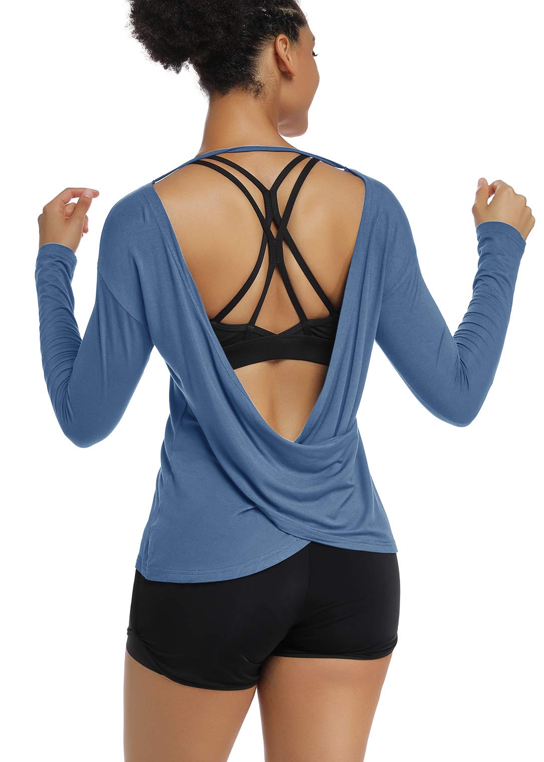 Photo 1 of ** USED** Muzniuer Women Cute Backless Yoga Workout Shirts Open Clothes for Women Athletic Sport Top for Women Long Sleeve Shirts for Women Sports Shirts for Women GrayBlue L