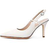 Esvowido White Slingback Pumps for Women Pointed Toe Sling Back Heels 3.5 Inch Beaded Slip on High Heel Dressy Shoes US Size 10