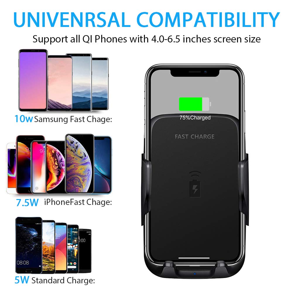 Car Wireless Charger 10W Fast Wireless Charger for Car Cup Holder and Air Vent Mount Compatible with Qi Smartphone for iPhone Samsung Galaxy (Black)