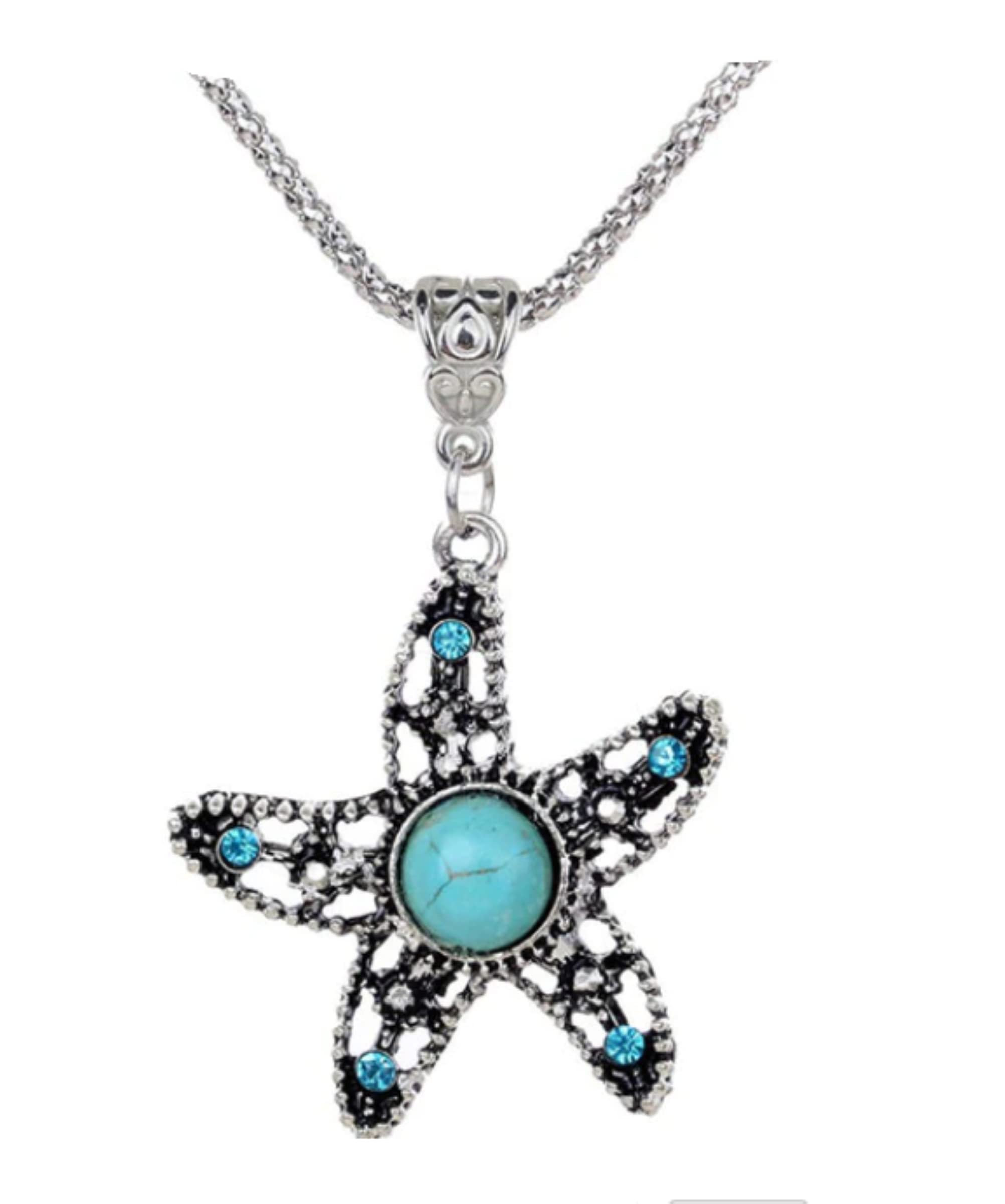 CrownOfRibbons Starfish Necklace for Women, Beach Jewellery Design, Turquoise and Silver