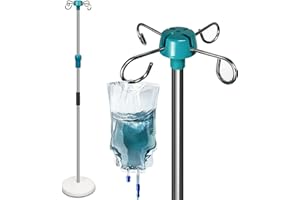 FINITYPRO Heavy Duty Solid Stable Base IV Pole Portable with 4 Hooks, Adjustable Height 44-77 Inch Portable Medical Pole iv Stand, IV Bag Stand with Removable IV Bag Holder&Top for Home-Hospital-Clinic