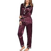 SWOMOG Womens Silk Satin Pajamas Set Long Sleeve Button Down Sleepwear 2 Piece Lounge Set Pj Set XS-3XL
