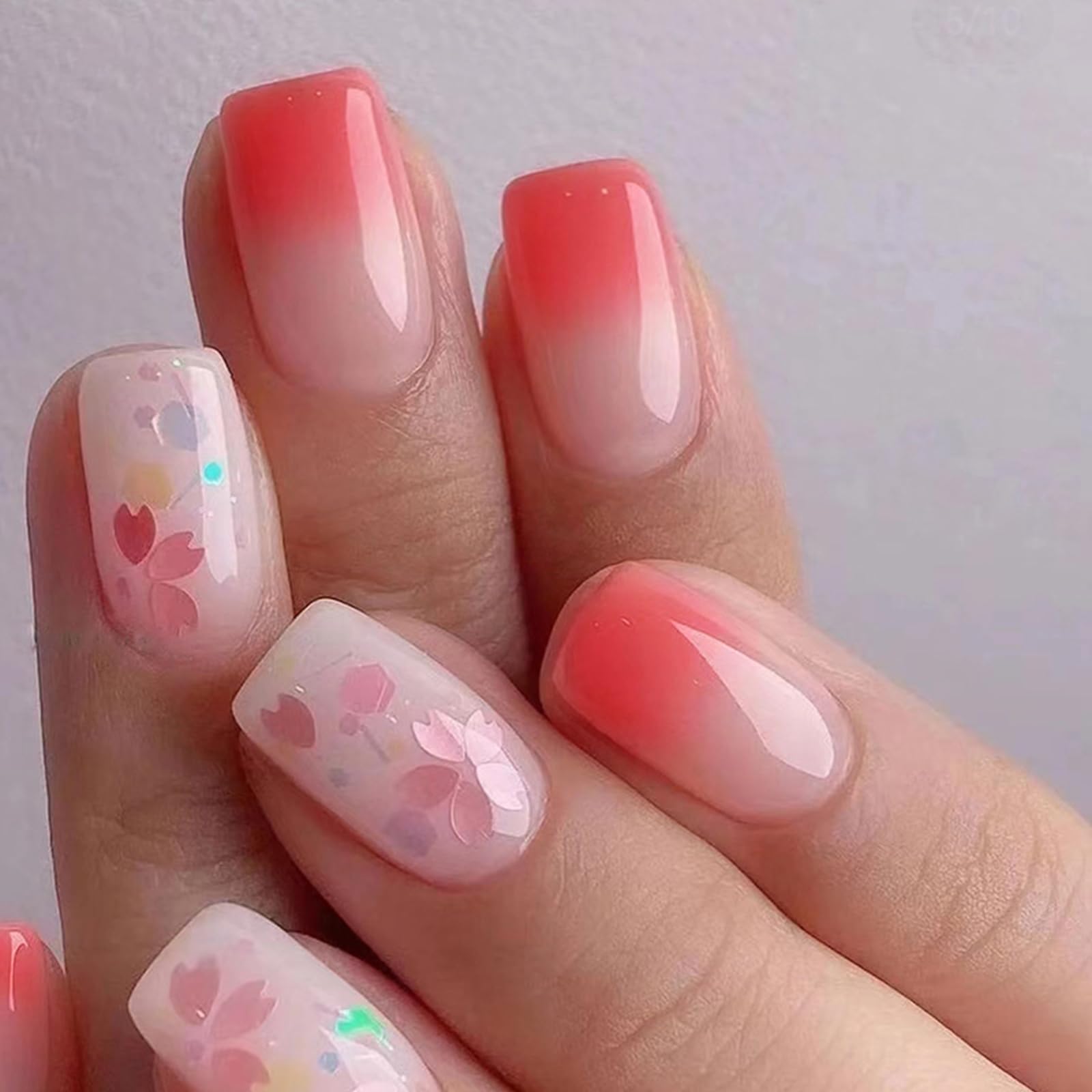 Ceboic 24pcs Blush Cute Flowers Square False Nails, Glossy French Tips, Acrylic Full Cover Stick On Nails