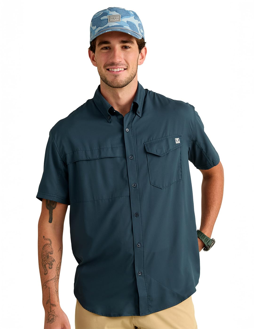 HUK Mens Tide Point Solid Short Sleeve Shirt, Button Down for Men, Sea Storm, Medium Image