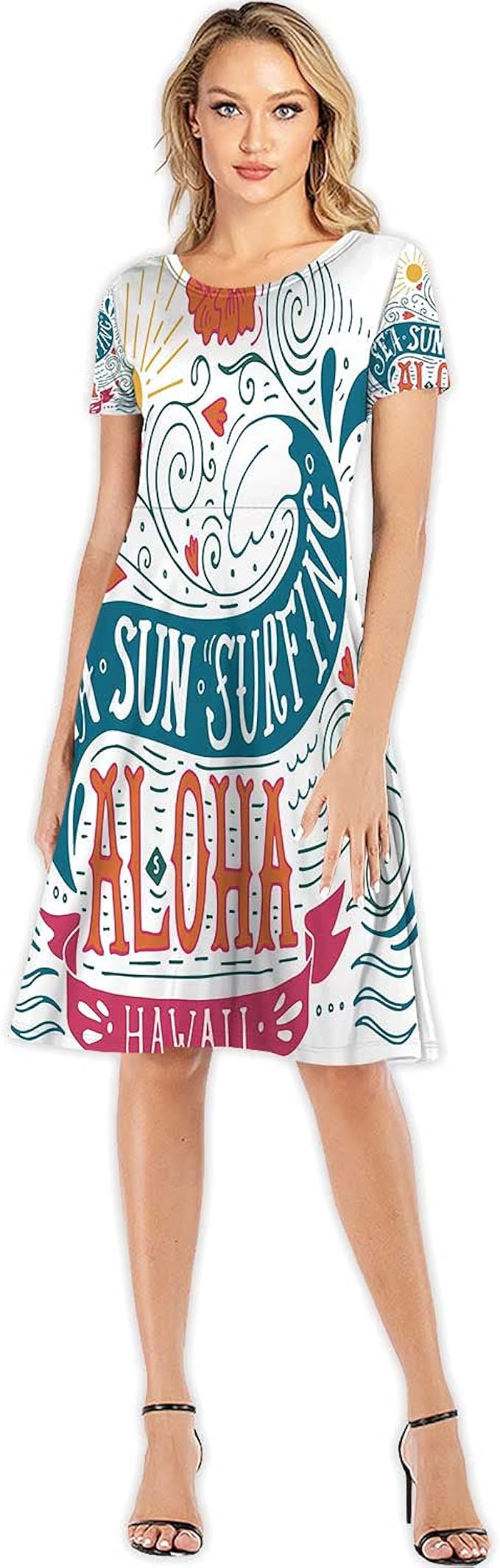 Hand Drawn Aloha Print with a Wave, Fashion Dress Elegant Ladies Midi Dress Sun 2XL at Amazon 